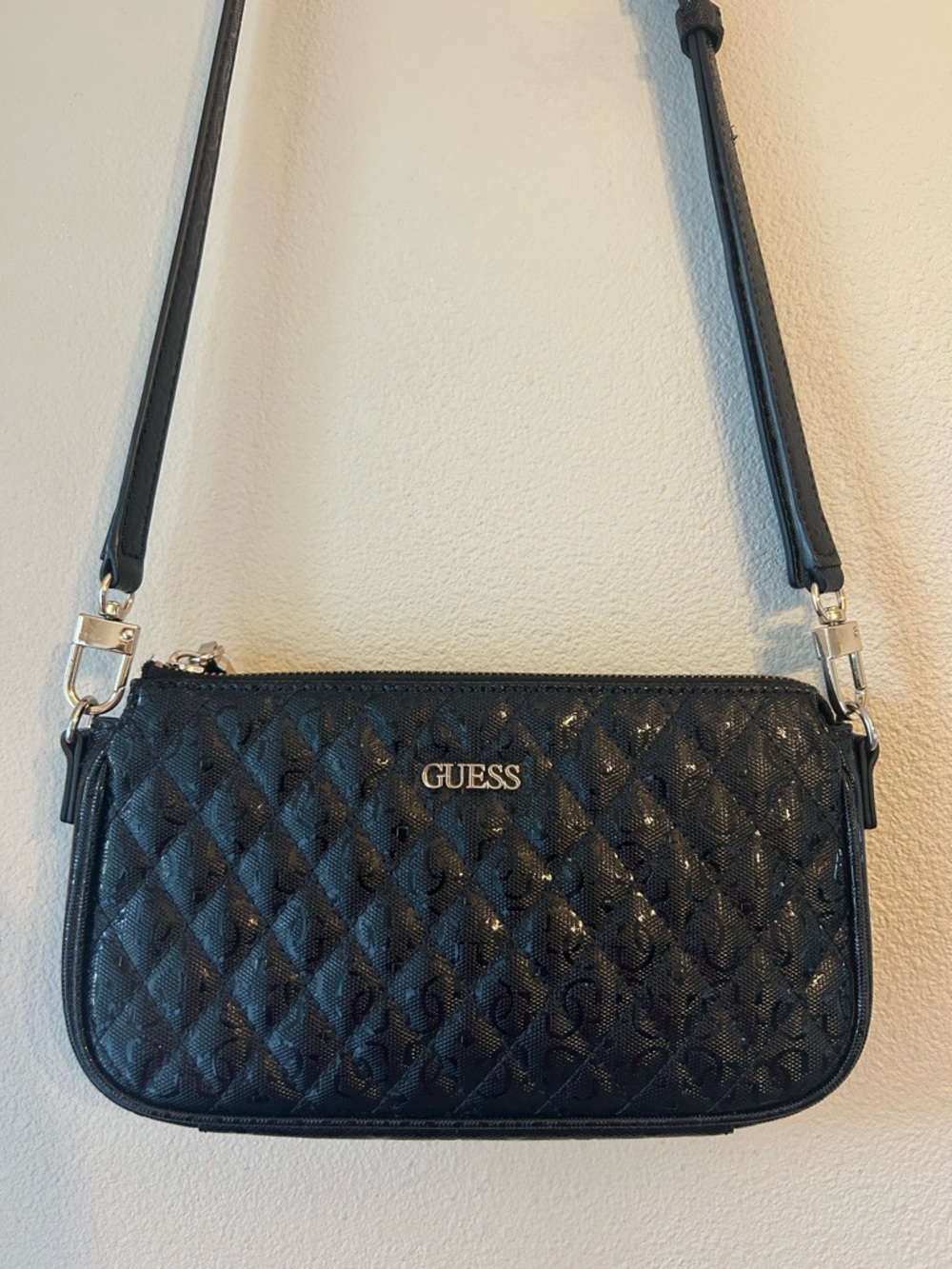 GUESS Black Quilted Patent Crossbody Bag with Silver Hardware